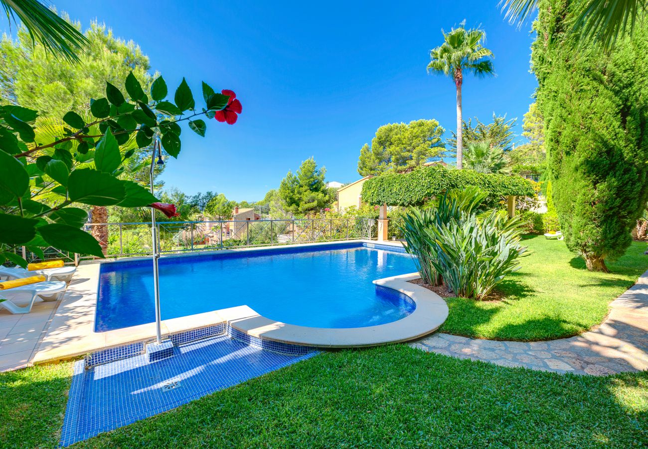 Pool with grass and a flower garden.